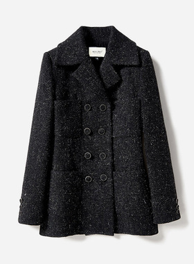 WWT03114 茉莉雅集 香*风意大利黑灰全羊毛粗花呢外套