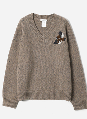 WZT08235 意大利羊毛羊绒并纱燕雀手工绣花无缝一体V领针织套衫