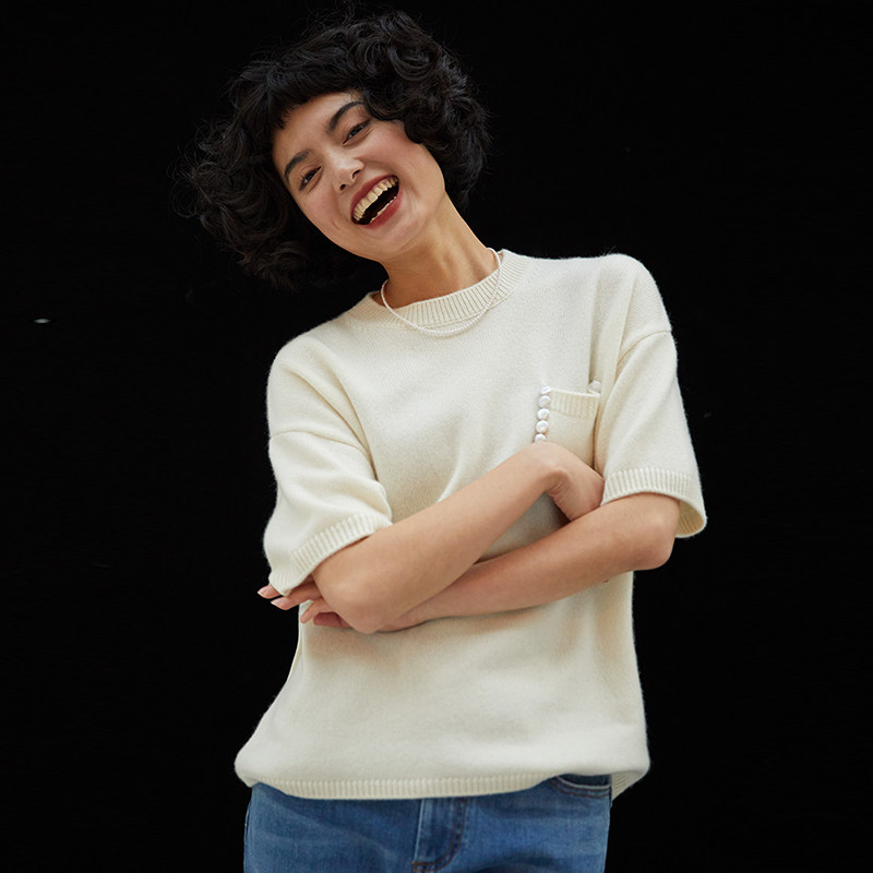 WZT04424 茉莉雅集 优雅香*风全羊绒珍珠装饰针织短袖套衫毛衣女