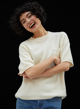 WZT04424 茉莉雅集 优雅香*风全羊绒珍珠装饰针织短袖套衫毛衣女