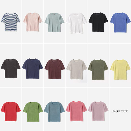 WZT07336茉莉雅集 清凉细腻全亚麻经典条纹纯色贴袋针织短袖套衫