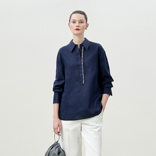 复古全苎麻门襟手工钉钻翻领半开襟长袖 茉莉雅集 衬衫 WCS08016