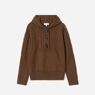 *WZT08128 茉莉雅集 复古学院连帽绞花保暖全羊毛针织套衫女毛衣