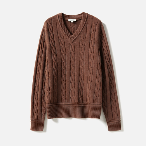 WZT06187 茉莉雅集 摩登都市感全羊毛立体复古绞花V领针织套衫女