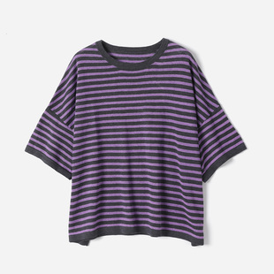 *WZT09030 茉莉雅集 全亚麻干爽透气条纹圆领落肩针织套衫春夏女