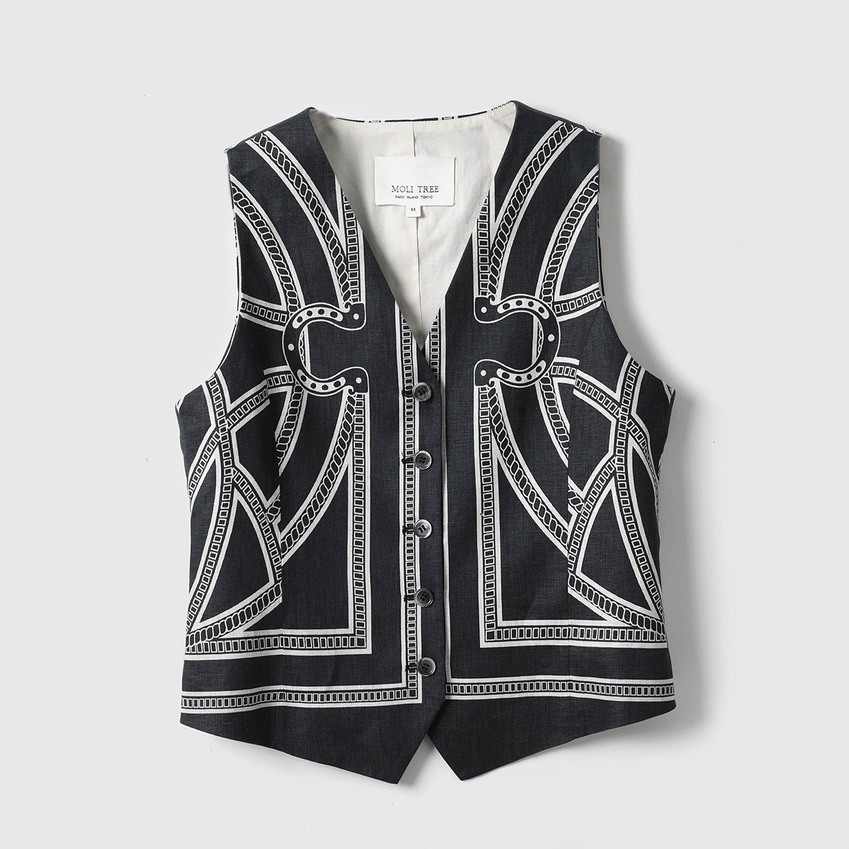 *WWT07337 茉莉雅集 H家复古图腾马蹄印花高支全亚麻英伦V领马甲