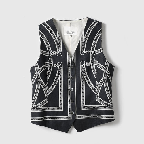 *WWT07337 茉莉雅集 H家复古图腾马蹄印花高支全亚麻英伦V领马甲