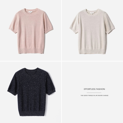 WZT08187   梦幻闪耀干爽透气亚麻棉珠片纱短袖针织套衫女