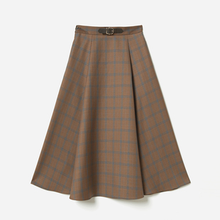 不可水洗复古英伦格纹精纺羊毛牛皮腰袢大摆A字半裙女 WBQ07004