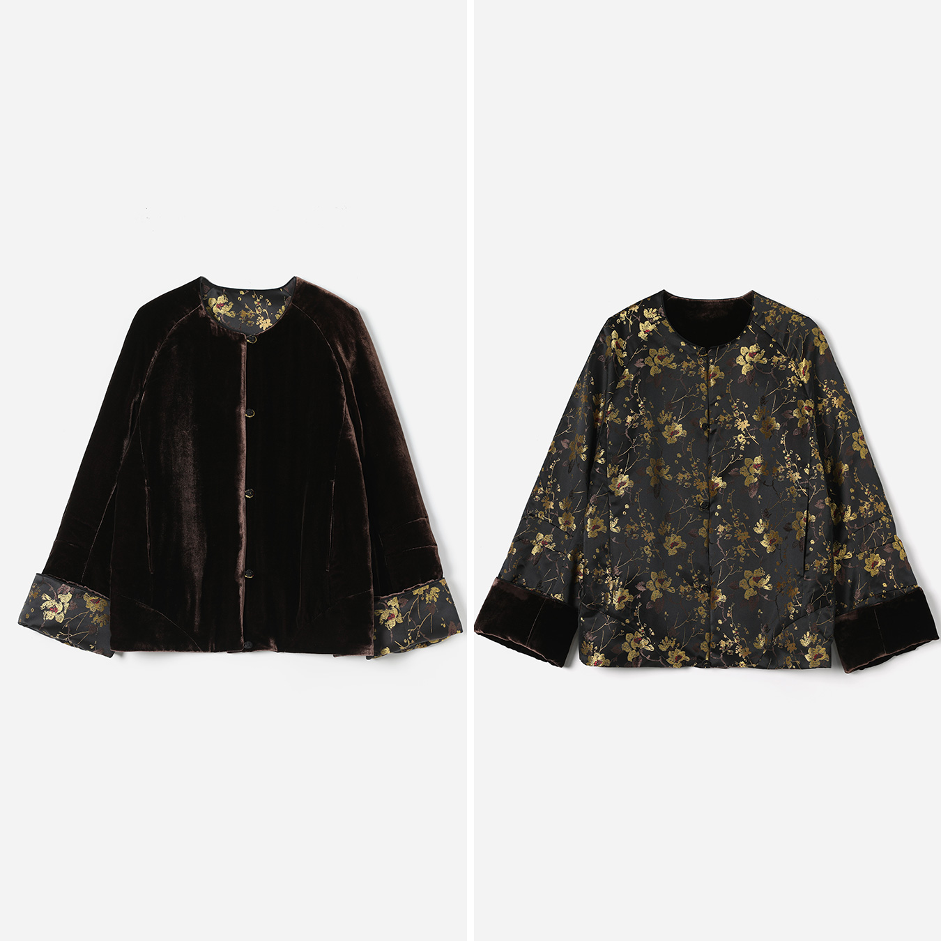 *WWT07006 茉莉雅集海棠醉日新中式真丝丝绒绗棉仿宋锦双面穿外套