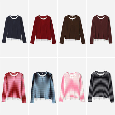 *WTX08095 茉莉雅集 绵软舒适莱赛尔羊毛撞色假两件圆领长袖T恤女