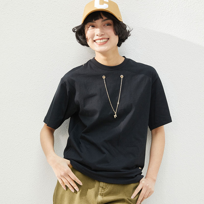 *WTX04003 茉莉雅集 金属链条装饰可拆卸全棉圆领短袖T恤潮牌个性