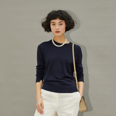 18针可机洗真丝圆领长袖针织套衫