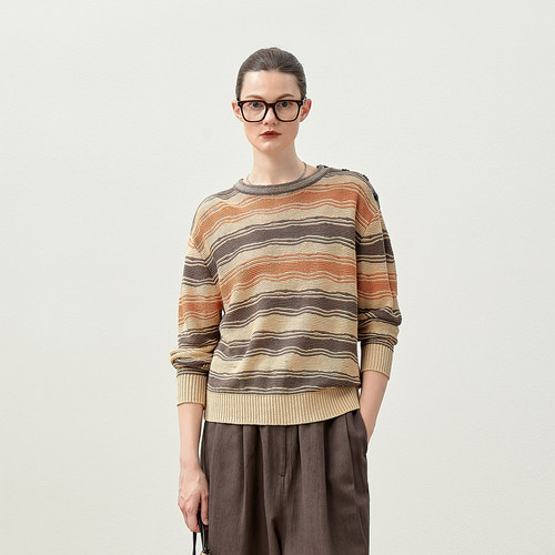 *WZT07334 茉莉雅集 B*V协奏曲波浪条纹肩开扣全亚麻长袖针织套衫