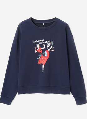 *WWY07068 茉莉雅集 美式复古油画女郎印花高支棉休闲圆领卫衣女