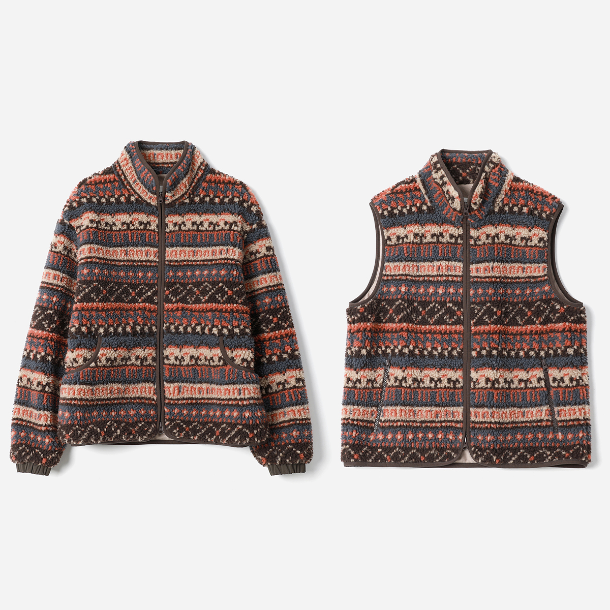 WWT08262 茉莉雅集 复古费尔岛印花温暖颗粒绒立领外套马甲女