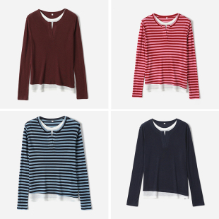 绵软舒适莱赛尔羊毛撞色假两件圆领长袖 茉莉雅集 T恤女 WTX08095
