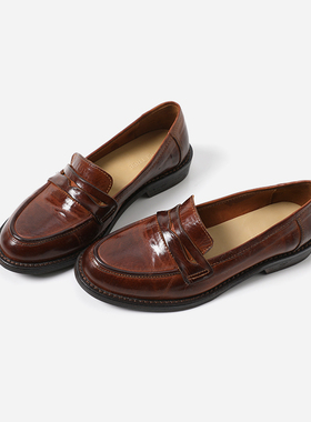 ED08050 茉莉雅集 复古英伦风擦色水洗马皮经典简约粗跟乐福鞋