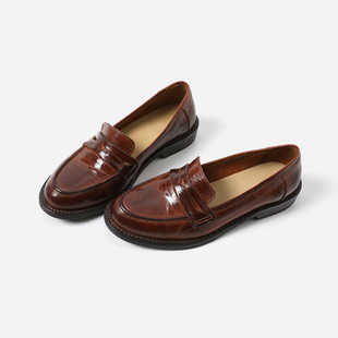 简约粗跟乐福鞋 复古英伦风擦色水洗马皮经典 茉莉雅集 ED08050