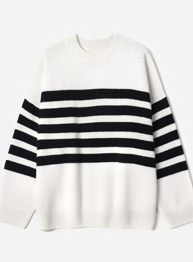 WZT09059 茉莉雅集 圆领条纹全羊毛长袖套头衫女