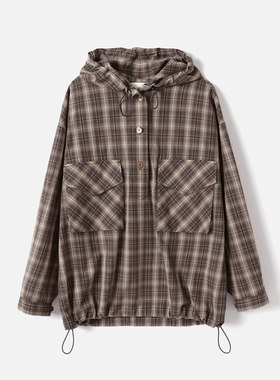 *WWT09027 茉莉雅集45*R全棉半开襟连帽立体口袋格纹落肩长袖外套