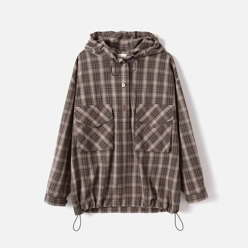 *WWT09027 茉莉雅集45*R全棉半开襟连帽立体口袋格纹落肩长袖外套