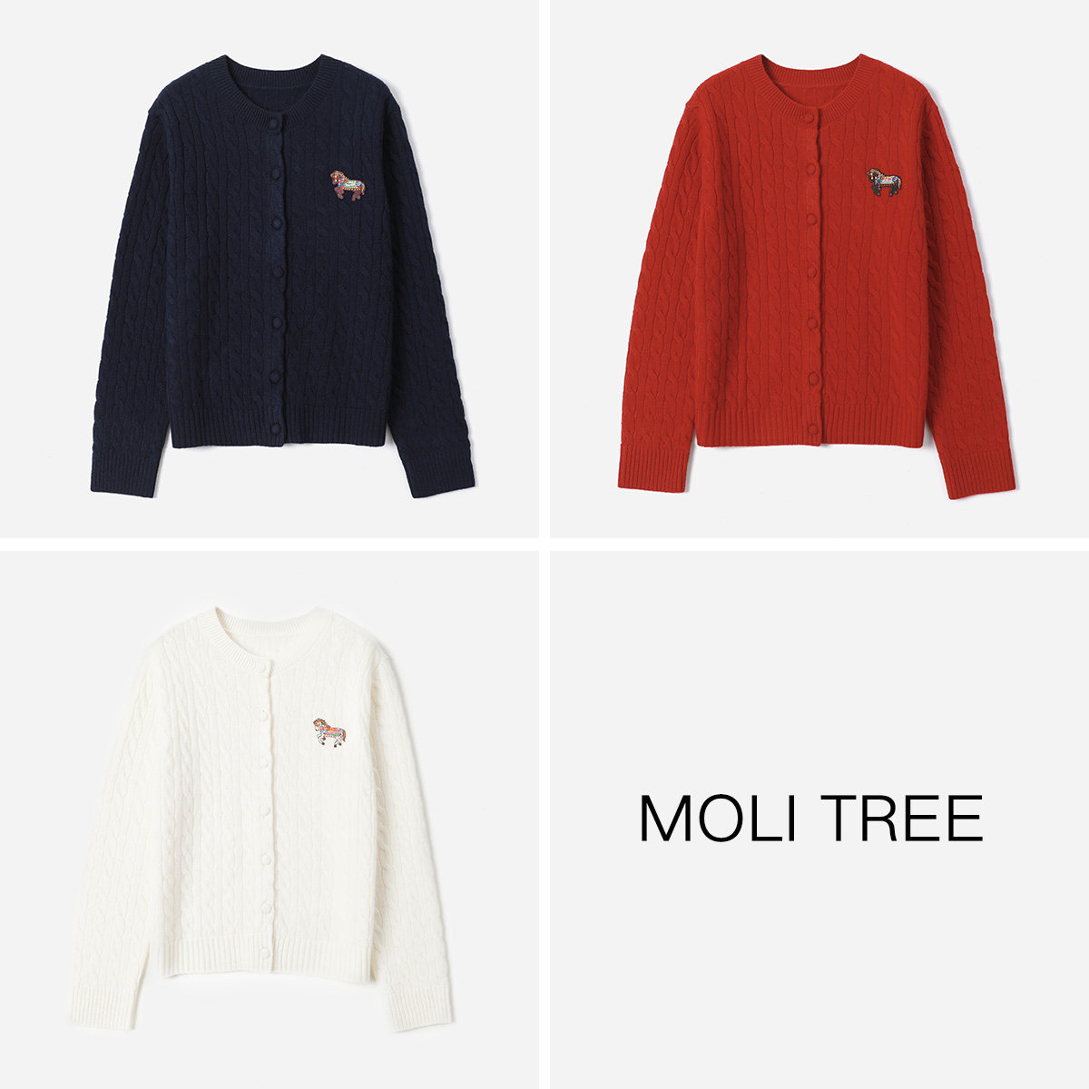 WZK09066茉莉雅集 绞花圆领全羊毛小马生肖绣花针织开衫女