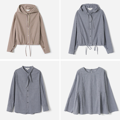 *WCS09050 茉莉雅集 经典格纹舒适全棉连帽/系带/圆领长袖衬衫