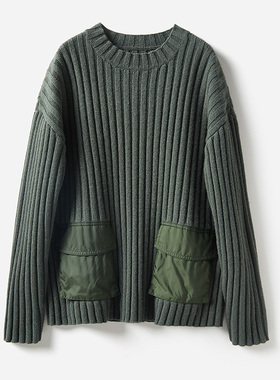 WZT04350 茉莉雅集 全羊毛复古宽坑条圆领工装口袋针织套衫毛衣