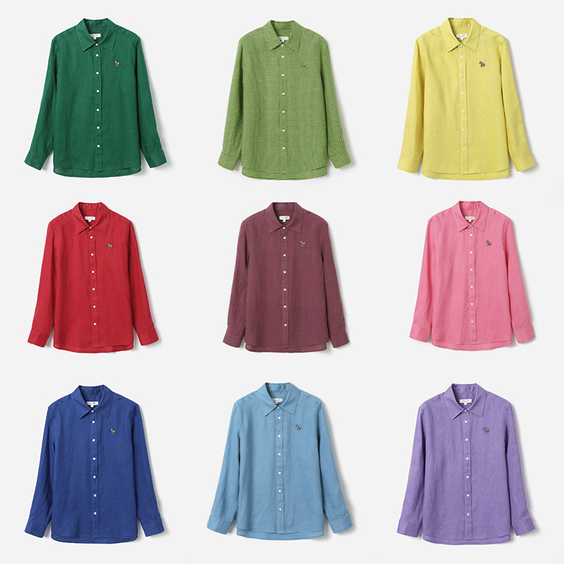 WCS09011 茉莉雅集 重酵素水洗全亚麻刺绣彩色小马翻领长袖衬衫