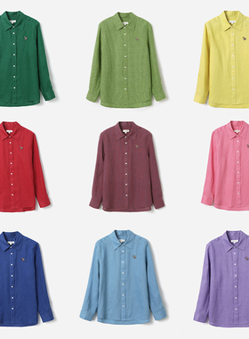 WCS09011 茉莉雅集 重酵素水洗全亚麻刺绣彩色小马翻领长袖衬衫