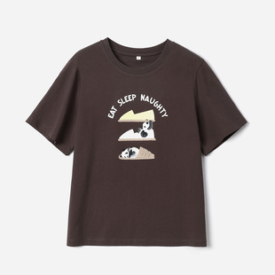 #WTX07185 茉莉雅集 卡通刺绣印花干爽高支全棉圆领短袖T恤女春夏