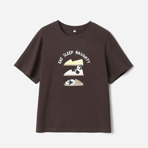 #WTX07185 茉莉雅集 卡通刺绣印花干爽高支全棉圆领短袖T恤女春夏