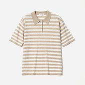 WZT07337 针织套衫 茉莉雅集 C清新条纹凉爽全亚麻POLO领短袖 女