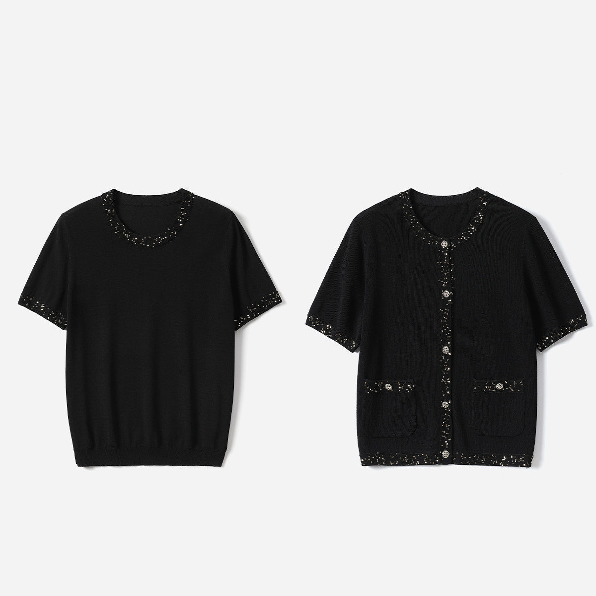 * WZT08114 茉莉雅集 流金岁月珠片镶嵌复古老钱针织短袖套衫开衫