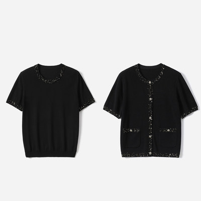 * WZT08114 茉莉雅集 流金岁月珠片镶嵌复古老钱针织短袖套衫开衫