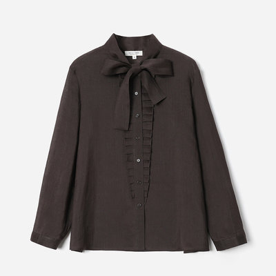 *WCS08118 茉莉雅集 随心慵懒立领飘带花边全苎麻长袖衬衫春女