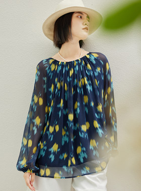 全真丝顺纡绉飘逸圆领衬衫夏女