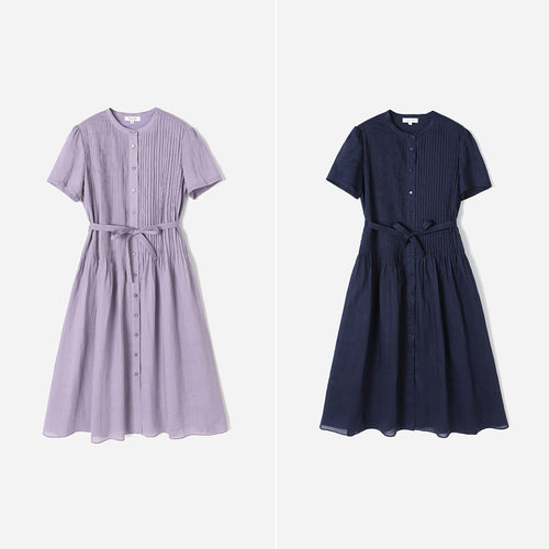 *WLQ09024  茉莉雅集 精致优雅圆领重工塔克苎麻短袖连衣裙夏女