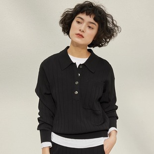 升级日本强捻纱坑条POLO领针织套衫 茉莉雅集 女 WZT03485