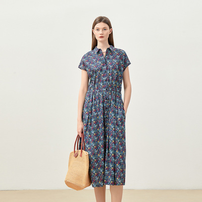 全棉印花松紧腰衬衫领连衣裙女