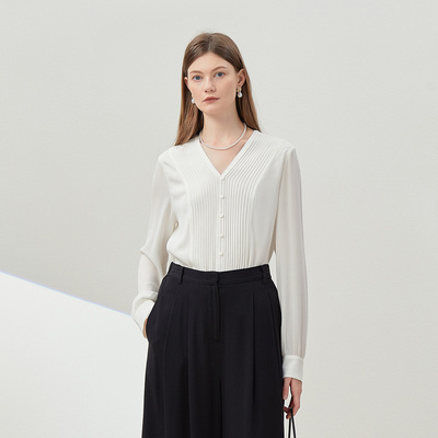 WCS07076 茉莉雅集 丝中王者23姆米重磅鬼绉全真丝V领塔克衬衫女