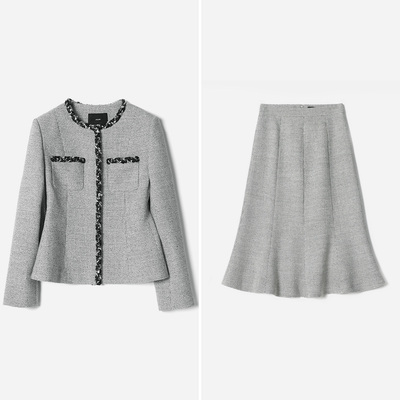 WWT07130 茉莉雅集 意大利羊毛真丝静谧黑白格香*风外套鱼尾裙