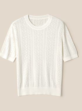 WZT09262 茉莉雅集 圆领镂空提花针织莱赛尔舒适短袖套衫春夏女