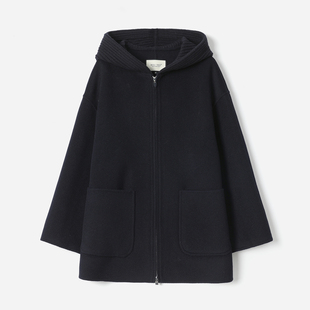 WDY08025 茉莉雅集 L*P同款全羊绒针梭相拼连帽拉链大衣秋冬女