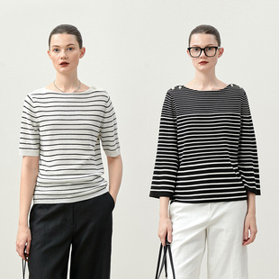 WZT08143 海魂编织条纹莱赛尔亚麻针织套衫 茉莉雅集 风经典 女 香