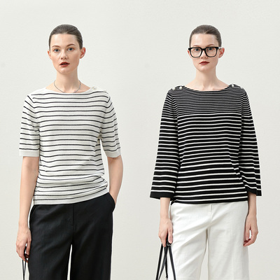 *WZT08143 茉莉雅集 香*风经典海魂编织条纹莱赛尔亚麻针织套衫女