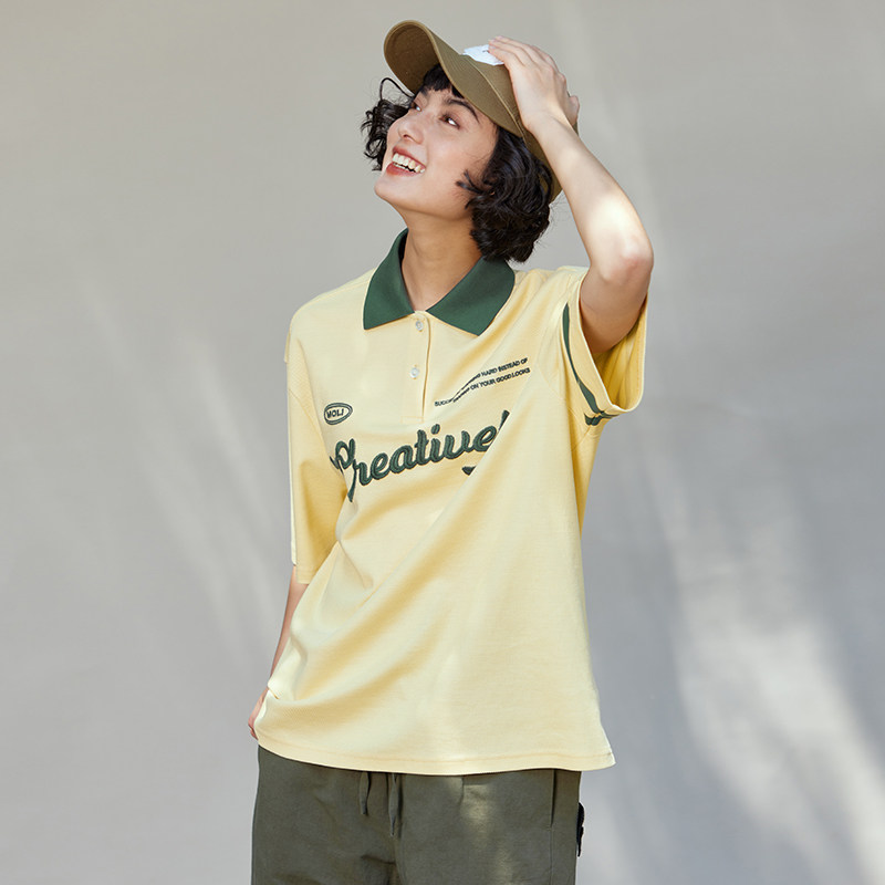 海岛棉全棉学院风绣花POLO领T恤