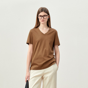 V领丝光匹马棉含桑蚕丝短袖 多色圆领 茉莉雅集 T恤女 WTX07031