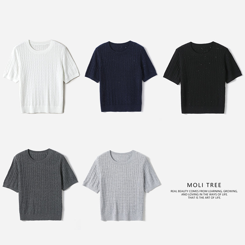 * WZT09140 茉莉雅集 干爽舒适圆领绞花并珠片短袖针织套衫